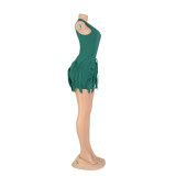 Women'S Solid Fringed Lace Sleeveless Bodysuit Shorts Two-Piece Set