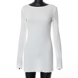 Women's Autumn Bubble Ribbed Solid Color Halter Neck Low Back Long Sleeve Casual Dress