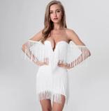 Women's Summer V-Neck Open Back Off Shoulder Tassel Mini Bodycon Dress