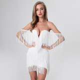 Women's Summer V-Neck Open Back Off Shoulder Tassel Mini Bodycon Dress