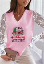 Christmas Women Style Printed Lace Long Sleeve T-Shirt