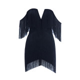 Women's Summer V-Neck Open Back Off Shoulder Tassel Mini Bodycon Dress