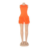Women'S Solid Fringed Lace Sleeveless Bodysuit Shorts Two-Piece Set