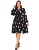 V-Neck Printed Long Sleeve Slim Waist Plus Size Women's Dress
