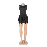 Women'S Solid Fringed Lace Sleeveless Bodysuit Shorts Two-Piece Set