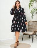 V-Neck Printed Long Sleeve Slim Waist Plus Size Women's Dress