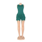 Women'S Solid Fringed Lace Sleeveless Bodysuit Shorts Two-Piece Set