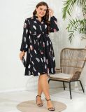 V-Neck Printed Long Sleeve Slim Waist Plus Size Women's Dress