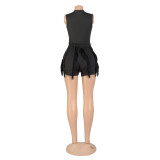 Women'S Solid Fringed Lace Sleeveless Bodysuit Shorts Two-Piece Set