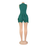 Women'S Solid Fringed Lace Sleeveless Bodysuit Shorts Two-Piece Set