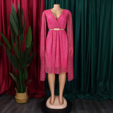Belted V-Neck Chic Long Sleeve Cape Slim Waist Gown Dress