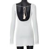 Women's Autumn Bubble Ribbed Solid Color Halter Neck Low Back Long Sleeve Casual Dress