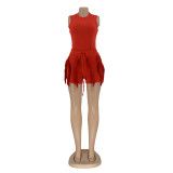 Women'S Solid Fringed Lace Sleeveless Bodysuit Shorts Two-Piece Set