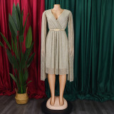 Belted V-Neck Chic Long Sleeve Cape Slim Waist Gown Dress