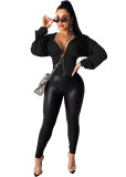 Women Sexy Elastic Waist Loose Hooded Zipper Top
