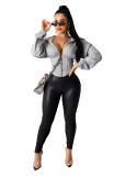 Women Sexy Elastic Waist Loose Hooded Zipper Top