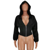Women Sexy Elastic Waist Loose Hooded Zipper Top