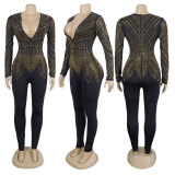 Women Sexy Beaded V-Neck Stretch Jumpsuit