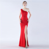 Women Elegant Satin Slit Formal Party Evening Dress