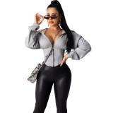 Women Sexy Elastic Waist Loose Hooded Zipper Top
