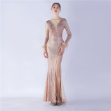 Women Elegant Ostrich Feather Long Sleeve Sequined Formal Party Evening Dress