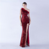 Women Elegant Beaded Ostrich Feather Slash Shoulder One Shoulder Formal Party Evening Dress