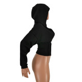 Women Sexy Elastic Waist Loose Hooded Zipper Top