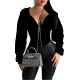 Women Sexy Elastic Waist Loose Hooded Zipper Top
