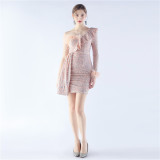 Women Elegant Ostrich Feather Formal Party Mini Evening Dress