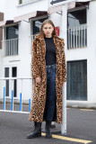 Women Leopard Turndown Collar Furry Long Coat
