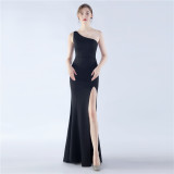 Women Elegant Satin Slit Formal Party Evening Dress