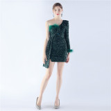 Women Elegant Ostrich Feather Formal Party Mini Evening Dress