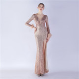 Women Elegant Ostrich Feather Long Sleeve Sequined Formal Party Evening Dress