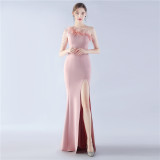 Women Elegant Beaded Ostrich Feather Satin Formal Party Maxi Evening Dress