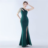 Women Elegant Beaded Satin One Shoulder Slash Shoulder Formal Party Maxi Evening Dress