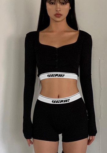 Women sexy long-sleeved crop T-shirt and high-waisted shorts two-piece set