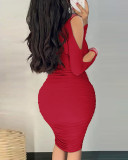 Women Gathered Long Sleeve Beaded Bodycon Dress