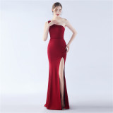 Women Elegant Satin Slit Formal Party Evening Dress