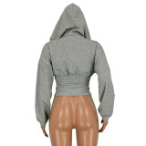 Women Sexy Elastic Waist Loose Hooded Zipper Top