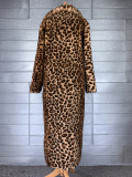 Women Leopard Turndown Collar Furry Long Coat