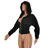 Women Sexy Elastic Waist Loose Hooded Zipper Top