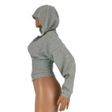 Women Sexy Elastic Waist Loose Hooded Zipper Top