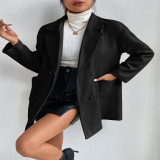 Women Double Breasted Solid Turndown Collar Long Sleeve Jacket
