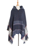 Women herringbone pattern hooded shawl cloak
