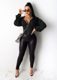 Women Sexy Elastic Waist Loose Hooded Zipper Top