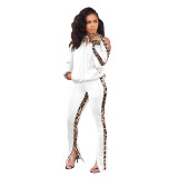 Women off-shoulder sports leopard print Patchwork contrast top and pant two-piece set