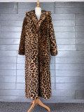 Women Leopard Turndown Collar Furry Long Coat