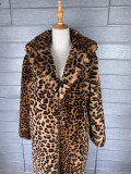 Women Leopard Turndown Collar Furry Long Coat