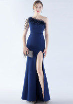 Women Elegant Beaded Ostrich Feather Satin Formal Party Maxi Evening Dress