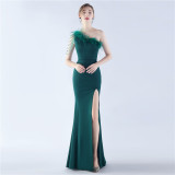 Women Elegant Beaded Ostrich Feather Satin Formal Party Maxi Evening Dress